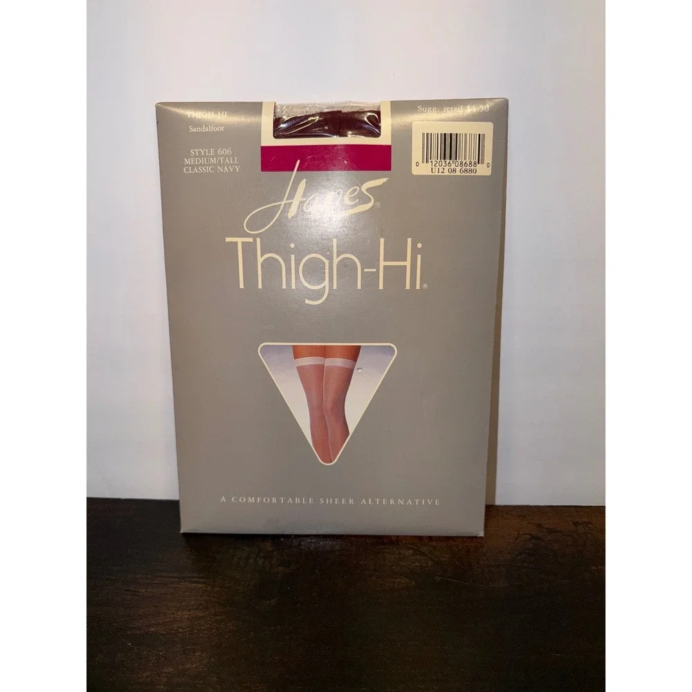 Vintage Hanes Thigh-Hi Stockings Classic Navy Medium Tall Style 606 Sandalfoot